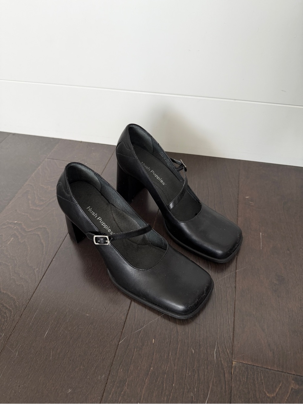 Hush Puppies Black Mary Jane Block Heel Shoes